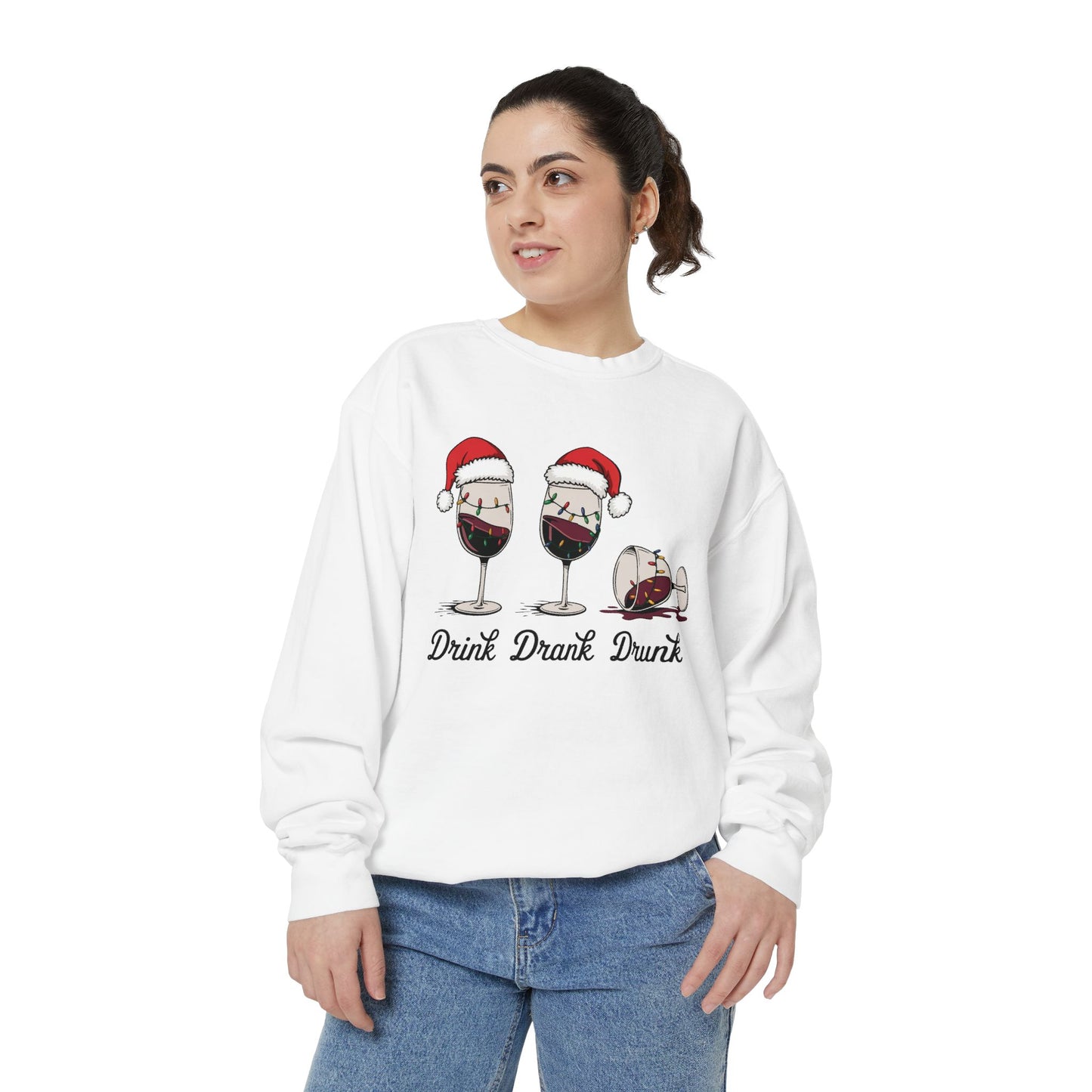 Christmas Wine Sweatshirt — "Drink Drank Drunk" Funny Holiday Crewneck