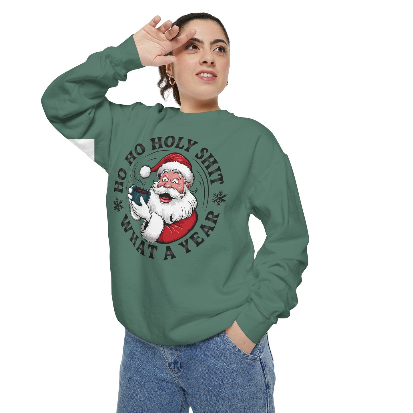 Funny Santa Sweatshirt — "Ho Ho Holy Shit What a Year" Holiday Crewneck