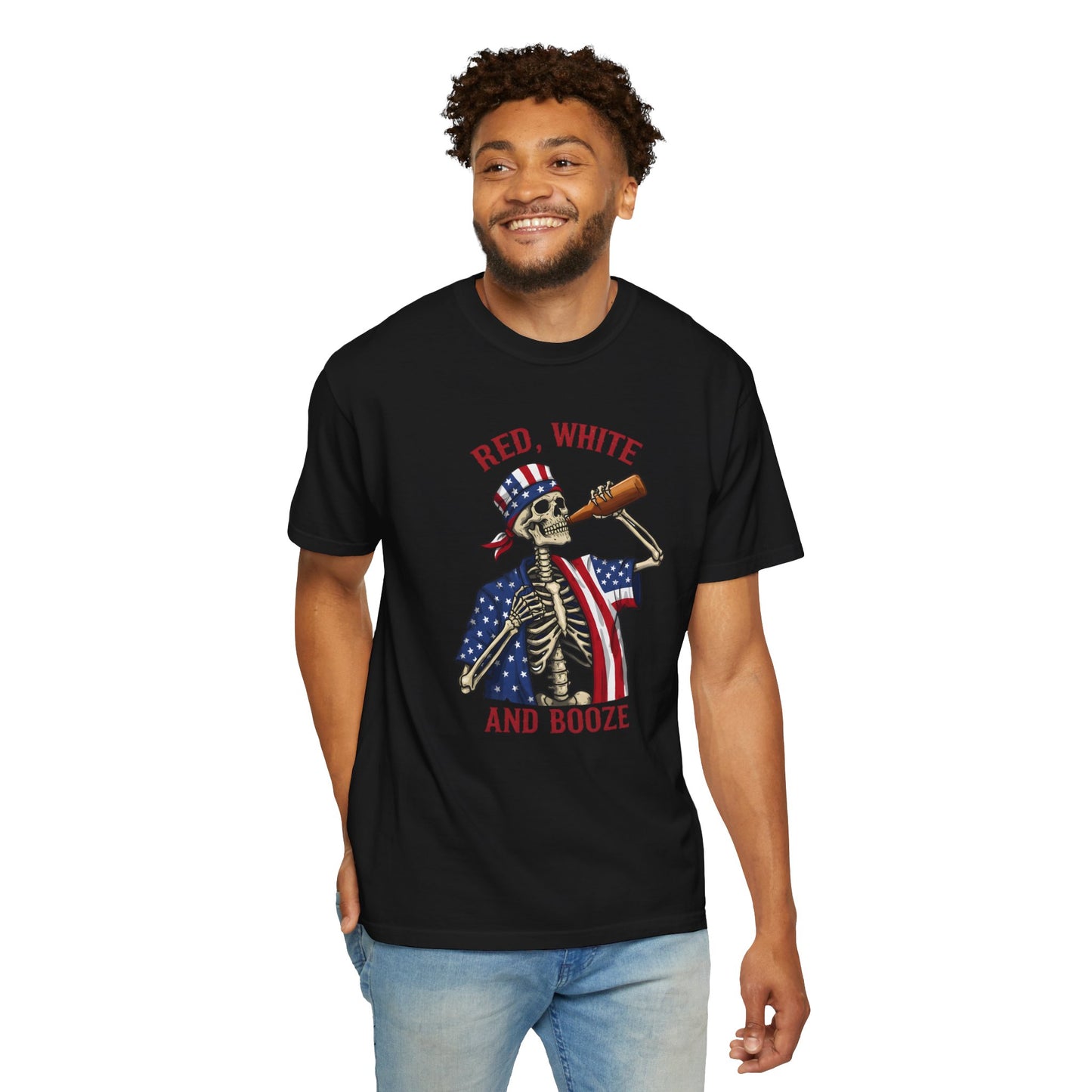 T-Shirt — "Red, White and Booze" Skeleton Patriotic Tee