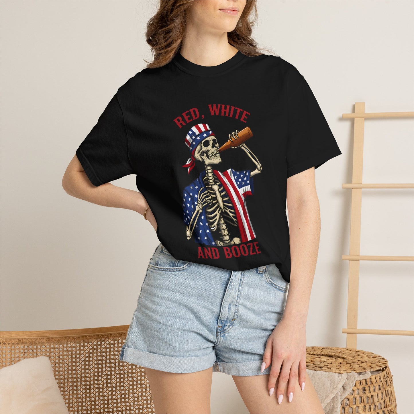 T-Shirt — "Red, White and Booze" Skeleton Patriotic Tee