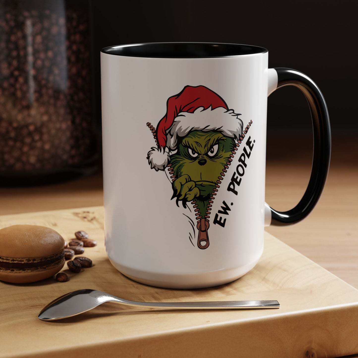 2 Sided Grumpy Grinch Holiday Coffee Mug — "Ew, People." Accent Ceramic Mug