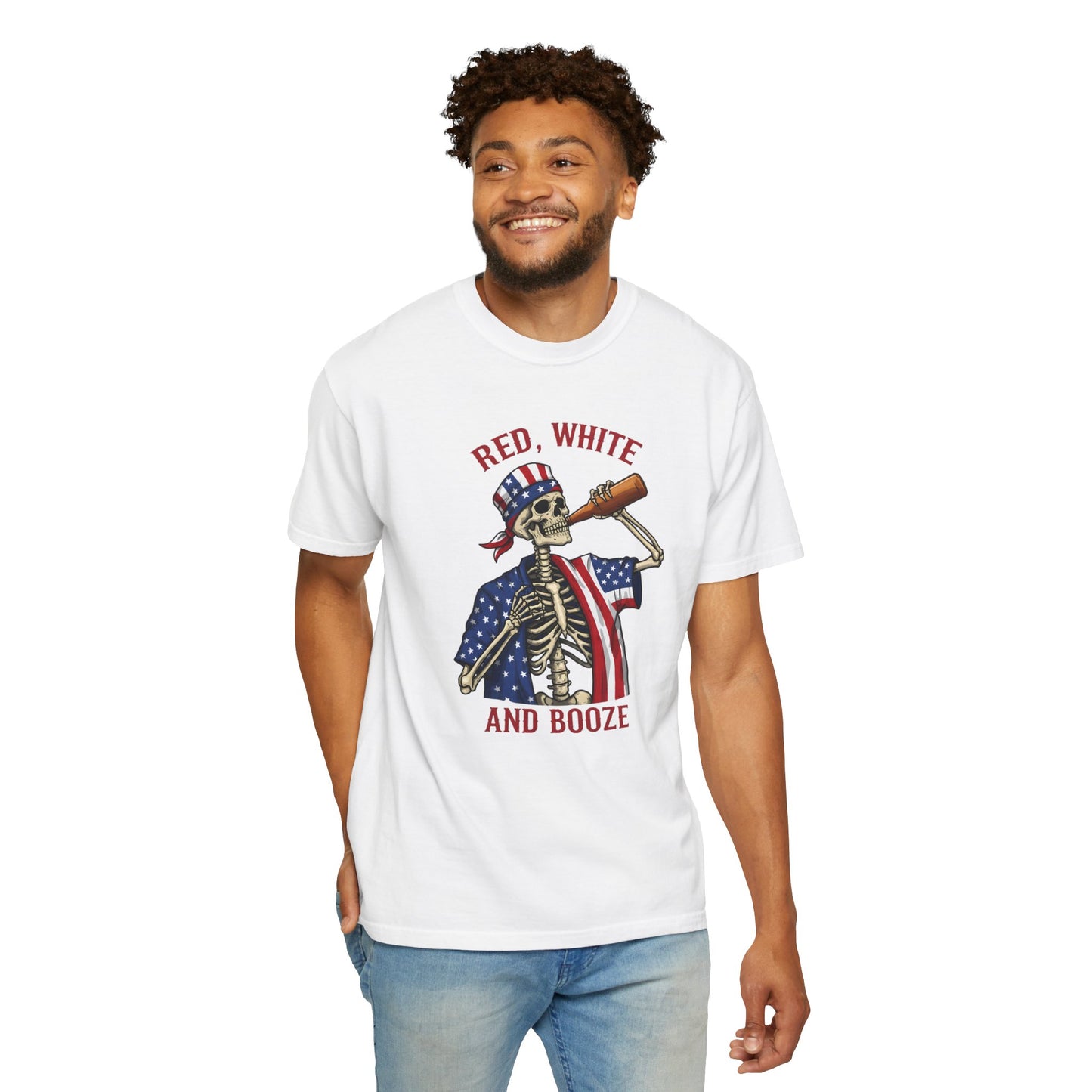 T-Shirt — "Red, White and Booze" Skeleton Patriotic Tee
