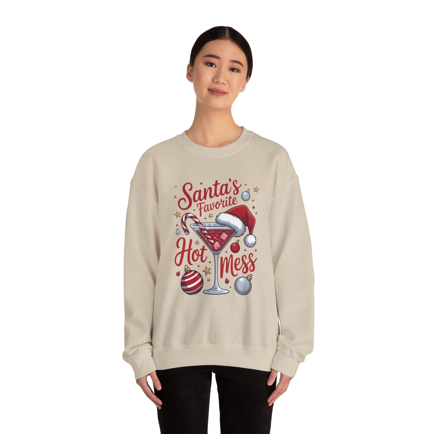 Crewneck Sweatshirt — "Santa's Favorite Hot Mess" Christmas Cocktail Sweatshirt