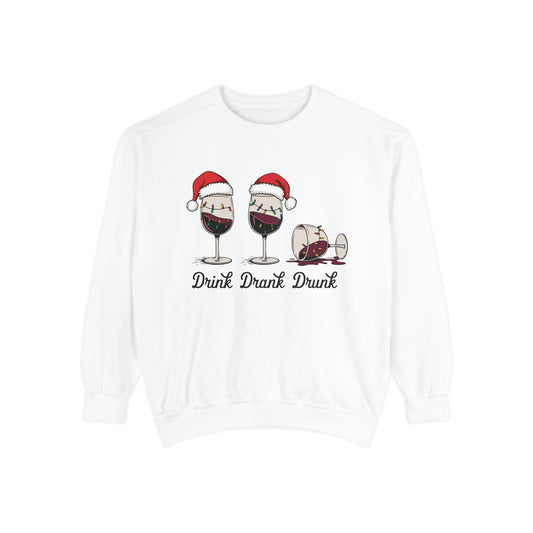 Christmas Wine Sweatshirt — "Drink Drank Drunk" Funny Holiday Crewneck