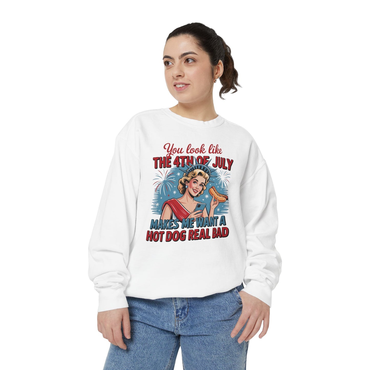 July Pin-Up Hot Dog Sweatshirt — "You Look Like The 4th of July" Retro Patriotic Crewneck