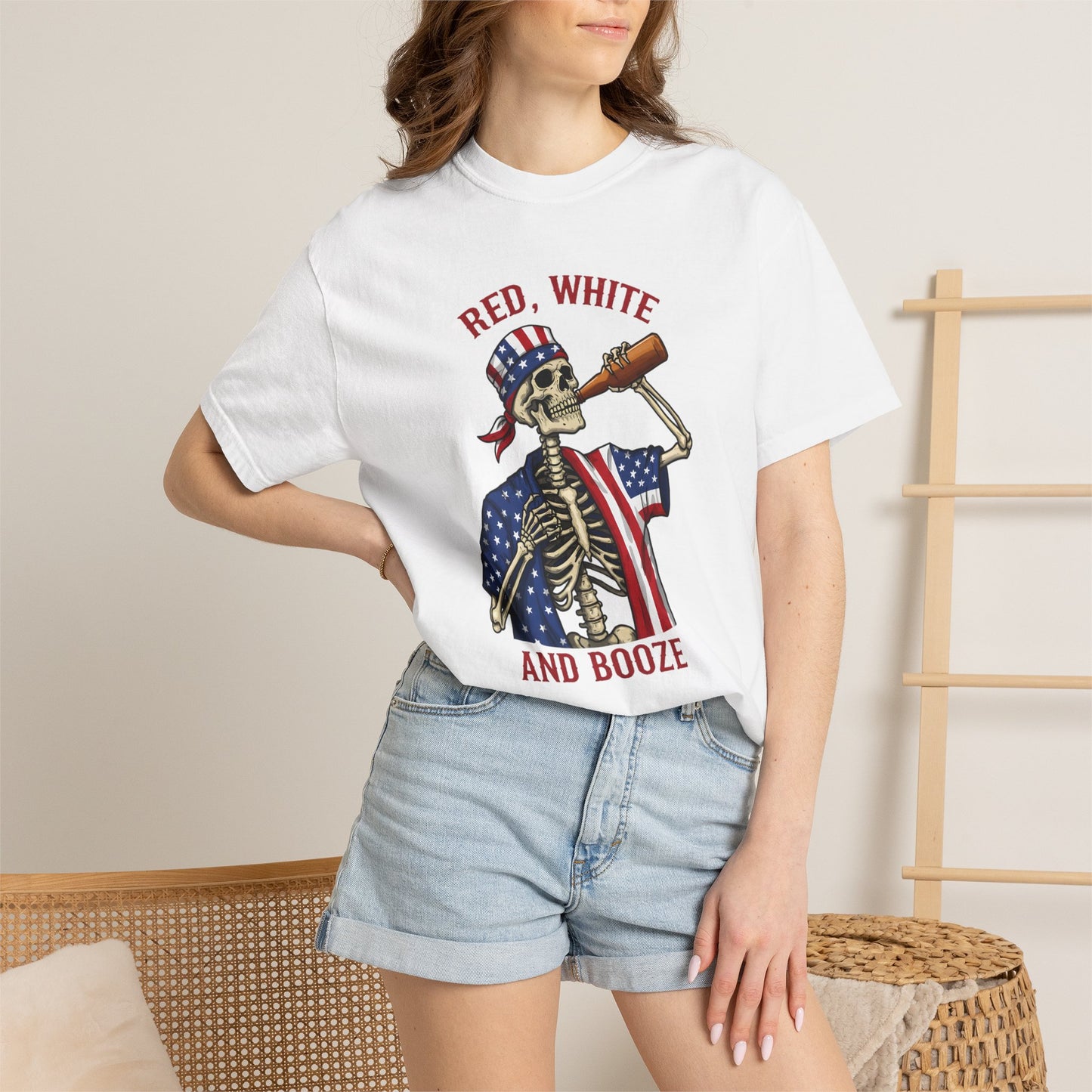 T-Shirt — "Red, White and Booze" Skeleton Patriotic Tee