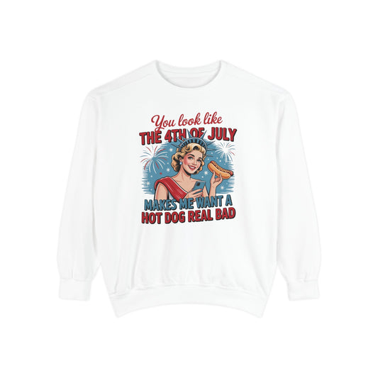 July Pin-Up Hot Dog Sweatshirt — "You Look Like The 4th of July" Retro Patriotic Crewneck