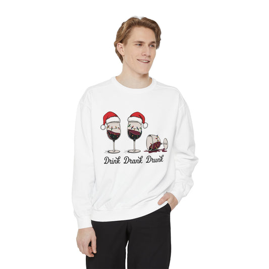 Christmas Wine Sweatshirt — "Drink Drank Drunk" Funny Holiday Crewneck