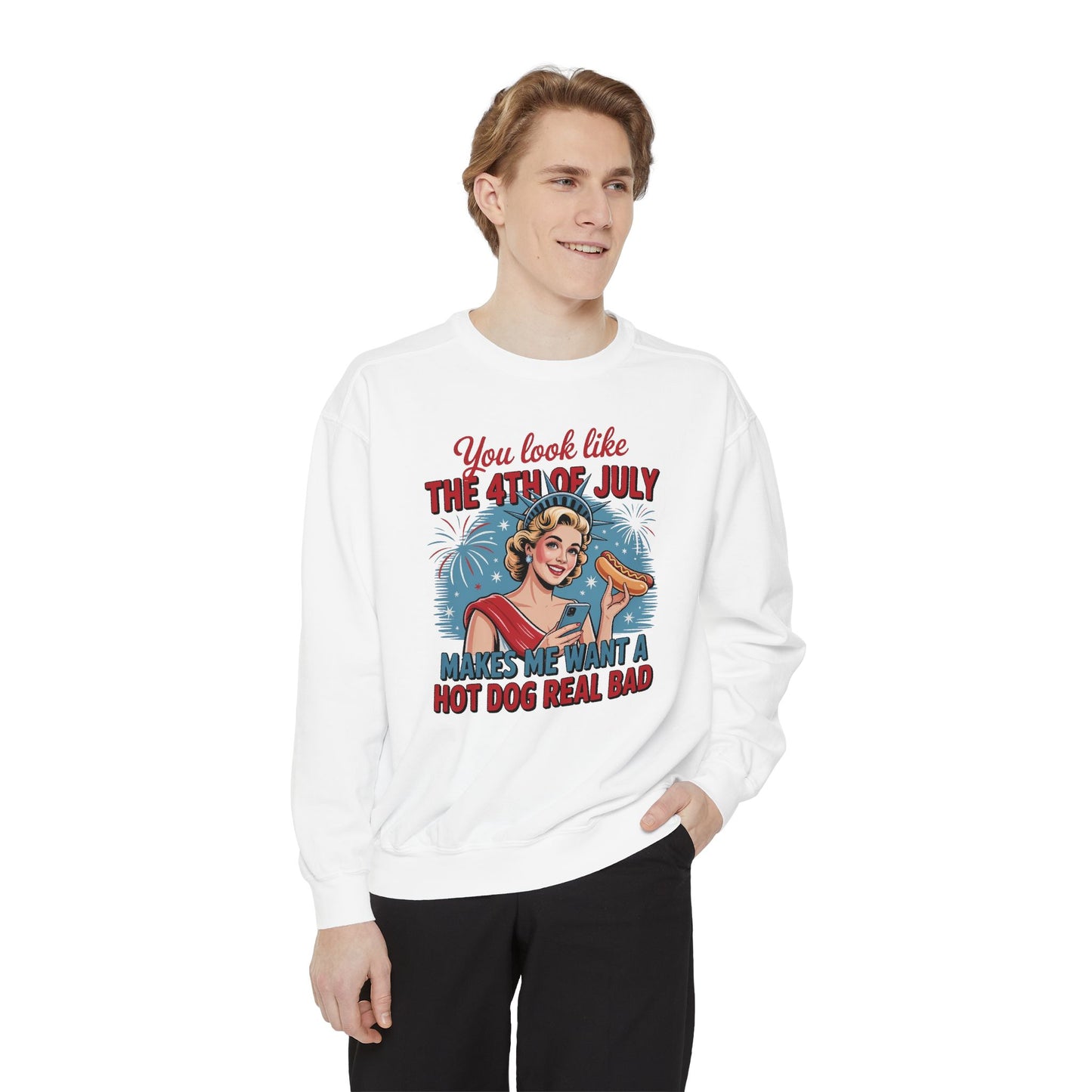 July Pin-Up Hot Dog Sweatshirt — "You Look Like The 4th of July" Retro Patriotic Crewneck